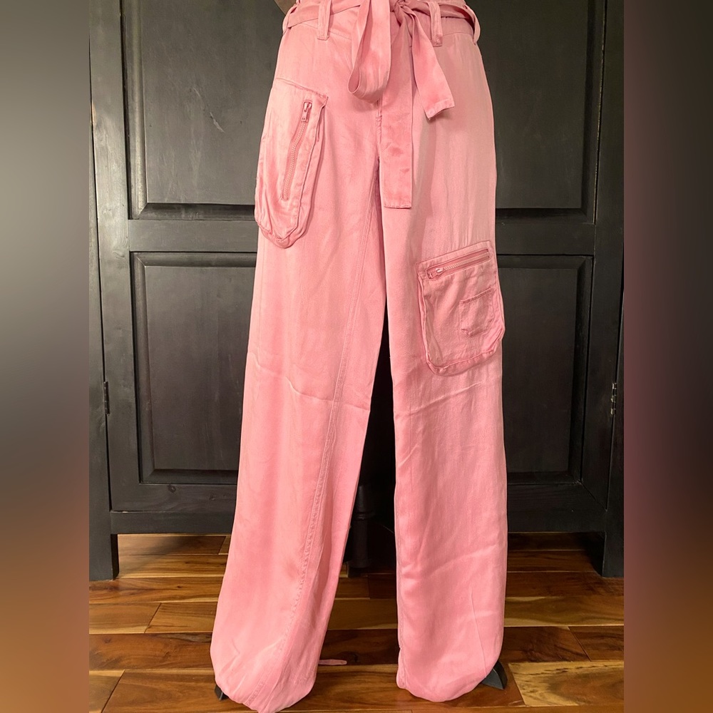 Blush pink silk JLO cargo pants.